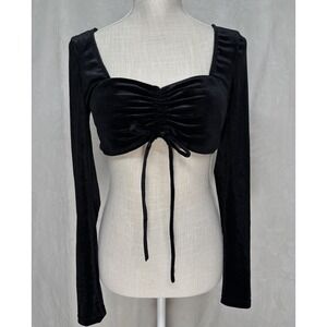 Crop Top S Black Stretch Velvet Long Sleeve Tie Front Whimsigoth Clubwear Goth